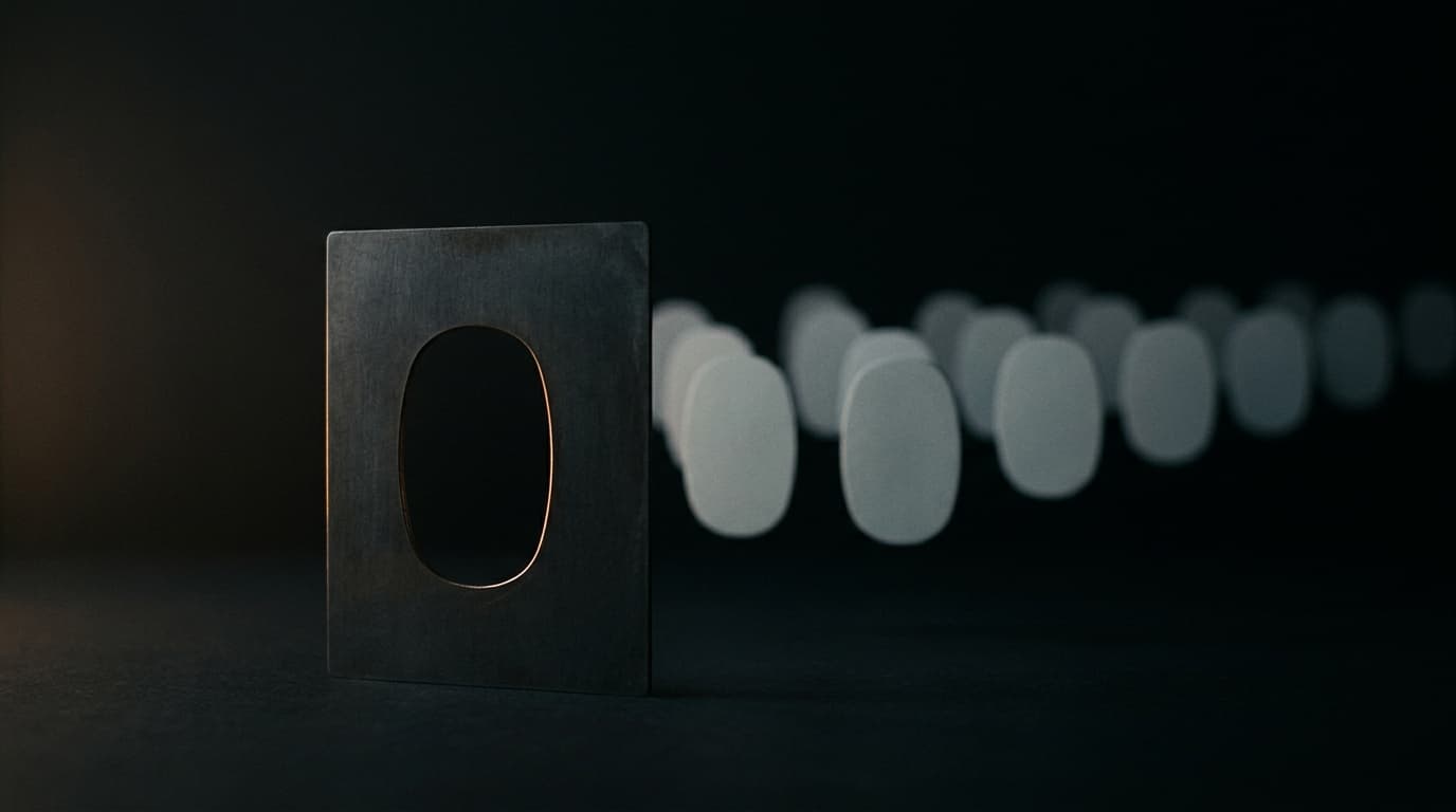 A dark metal stencil plate with one oval cut out, and rows of identical pale ovals fading behind it.