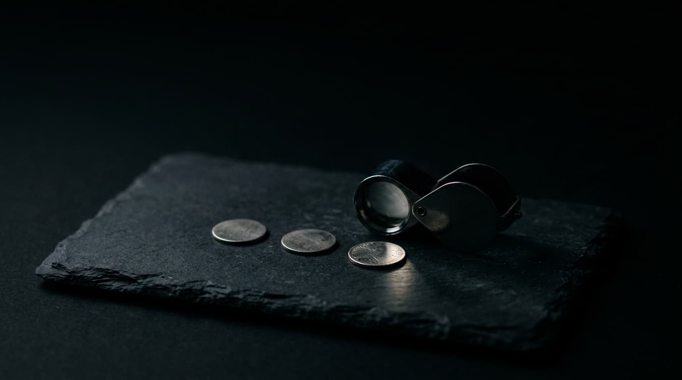 A jeweller's loupe on dark slate beside three small metal discs, the nearest one catching the light.