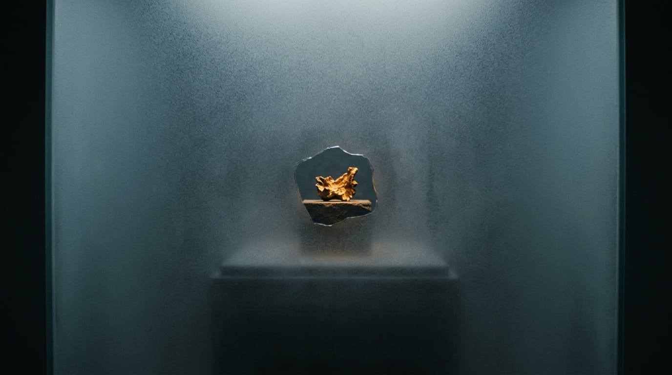 A glowing gold form on a plinth behind frosted glass, seen clearly through only one small clear patch.