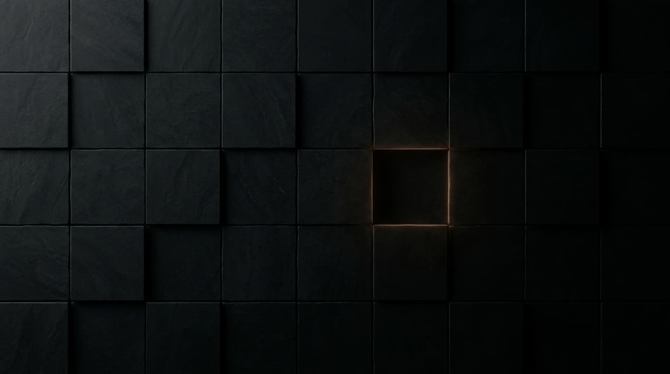 A pattern of dark tiles with one missing, its gap traced by a faint glow.