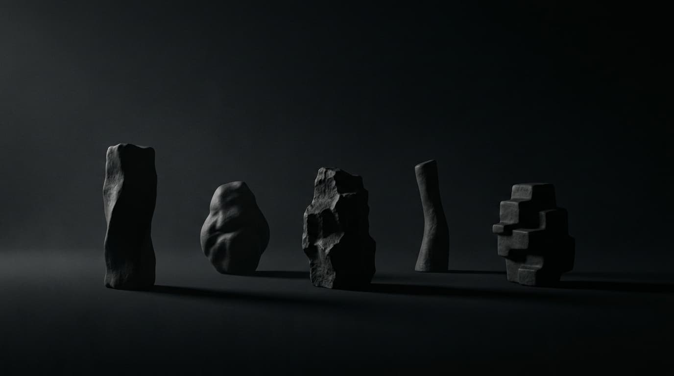 Five different dark sculptural forms in a row, each lit from its own angle.