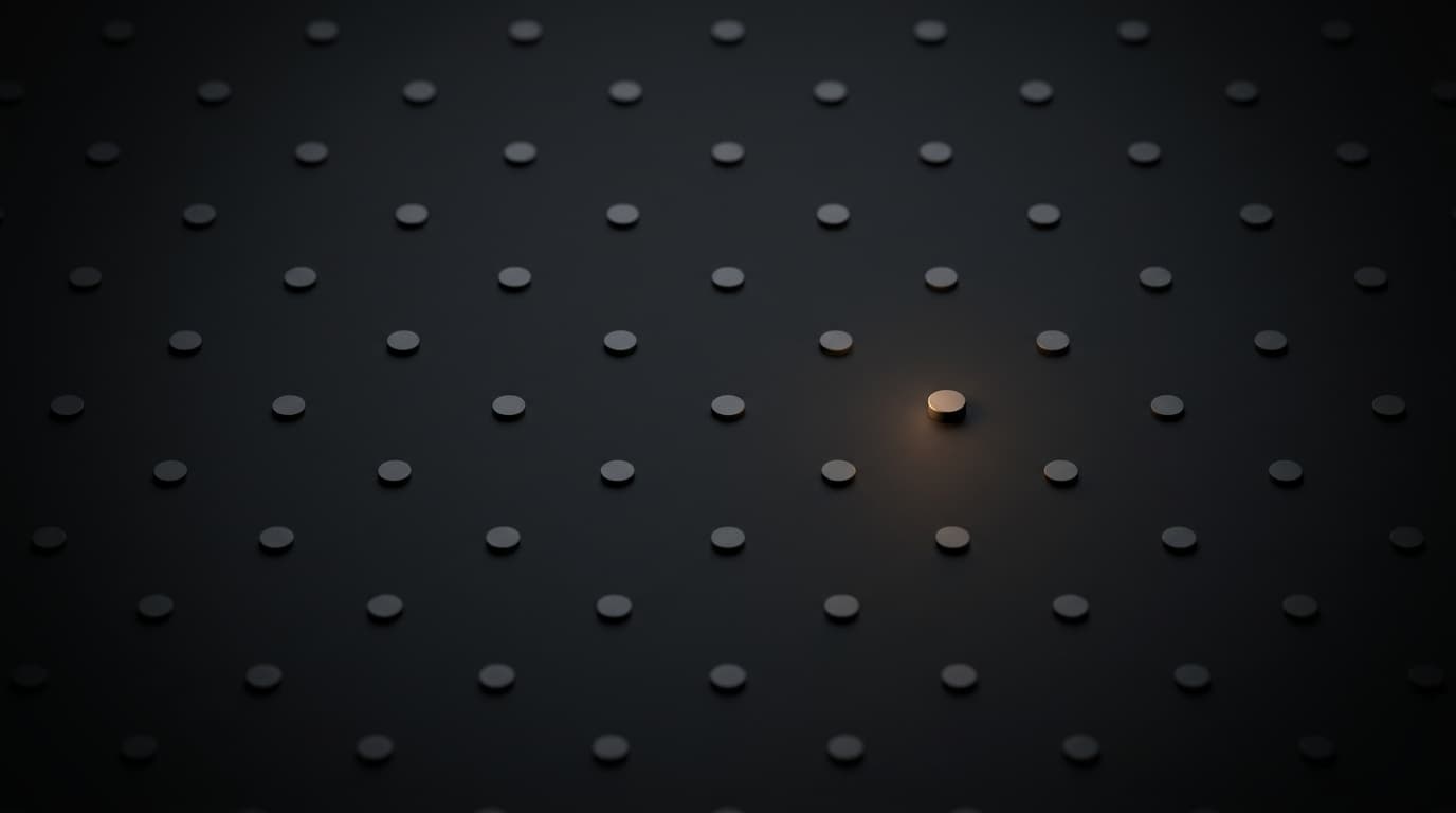 A dark grid of identical grey discs, with one disc lit warmly from the side.
