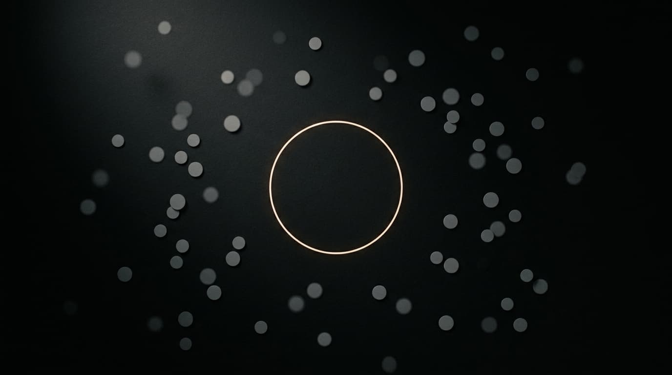 Grey circles scattered around one empty, glowing ring in the centre of a dark space.