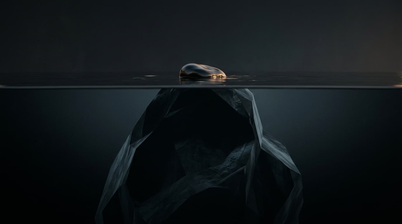 A small polished stone above a dark waterline, with a much larger faceted mass hidden below it.
