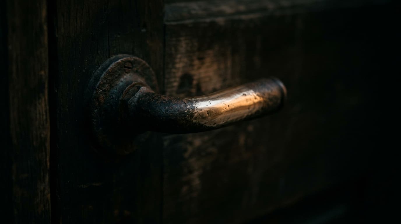 An old door handle worn bright where hands have held it, the rest of the door in shadow.