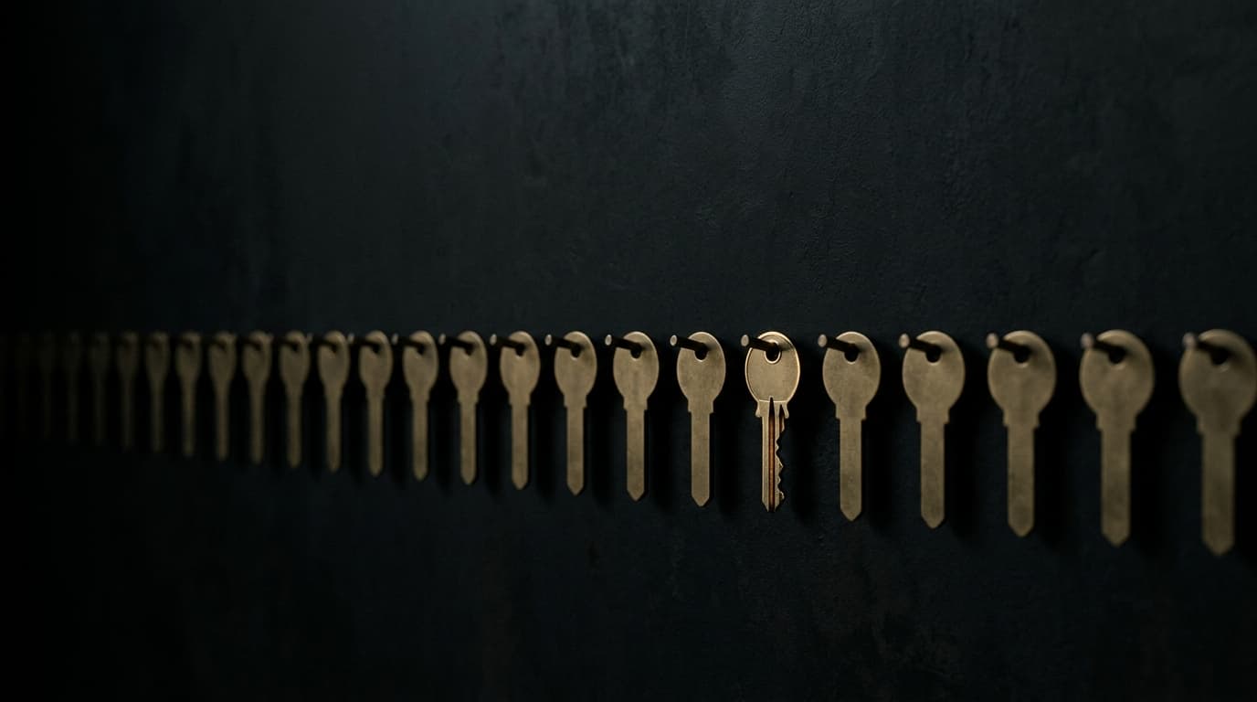 A row of identical blank keys in the dark, with one cut key catching the light.